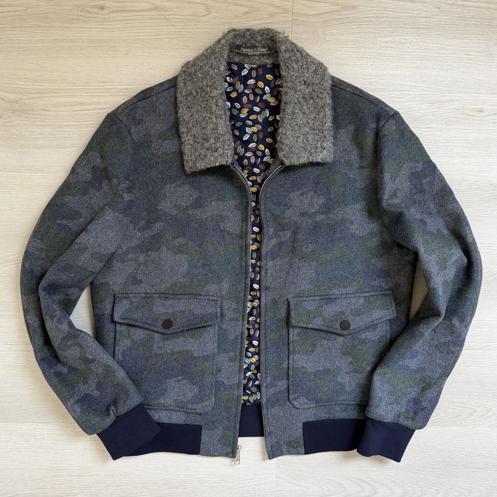 Paisley & Gray Wool Blend Camo Bomber Jacket Mens Large Lined Outdoor Utility